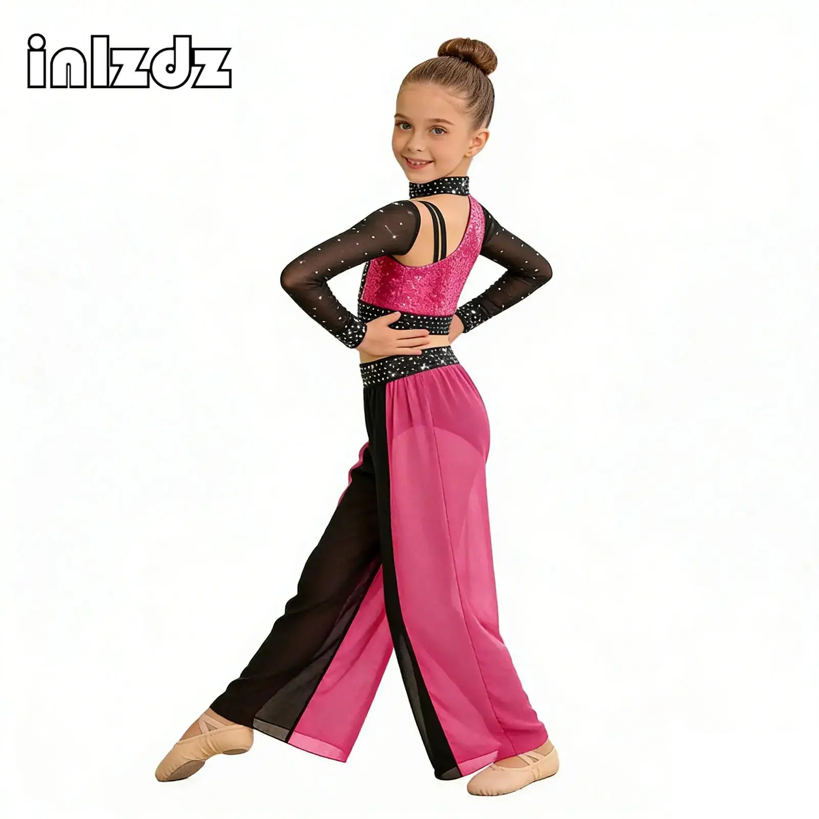 

Girls Jazz Dance Competition Costume Two-Piece Set Sequin Crop Top Flowing Chiffon Wide-Leg Side Slit Ballet Lyrical Dance Pants