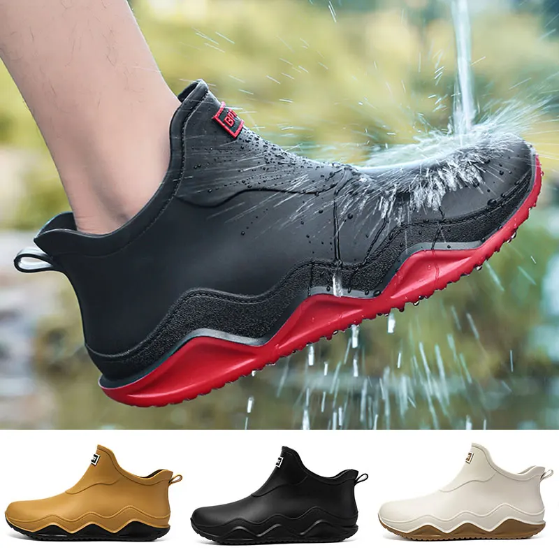 

Waterproof Rain Shoes Women Men Water Shoes Oil Proof Non-Slip Outdoor Men Boots Solid PU Low Top Rain Boots Size 36-44