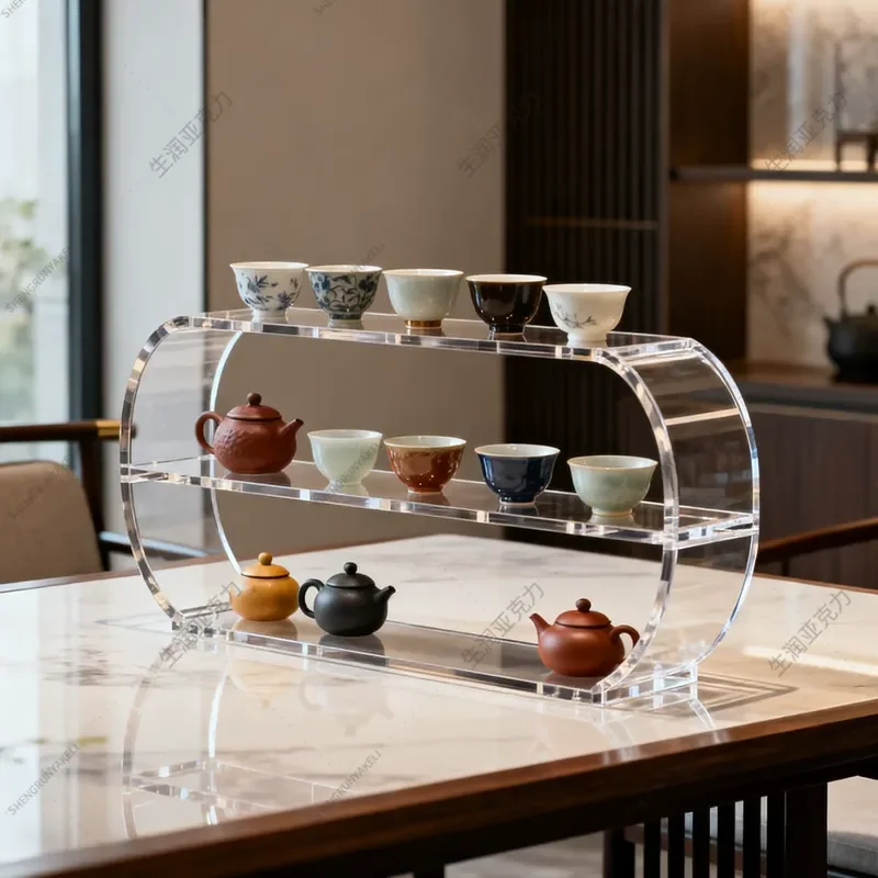 Transparent Acrylic Desktop Display Shelf Simple Teapot and Teacup Storage Rack Clear Organizer for Tea Set Showcase Stand
