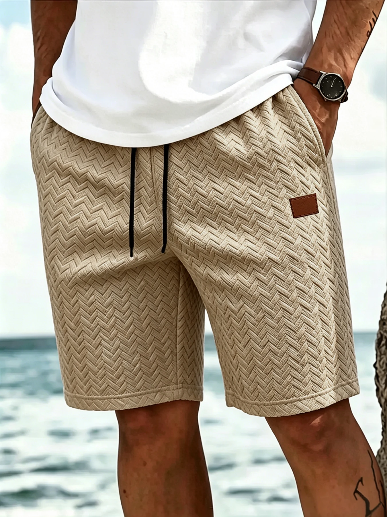 Herren Elegante Casual Shorts mit Fischgrätmuster, 3D-Jacquard-Stoff, Kordelzug, Gerade Passform für Büro und Pendeln – Detail 2