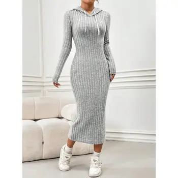 2025秋冬女裝羅紋連帽洋裝優雅別緻長袖束身修身針織緊身連帽鉛筆裙街頭風 6 最佳銷售 羅紋針織連身裙 - №2