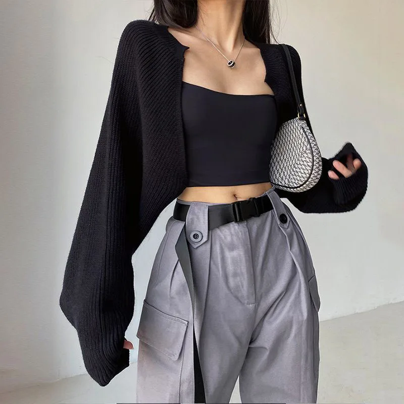 Women Short Sweaters Cardigan Autumn New Solid Lantern Sleeve Knitted Crop Tops Female Fashion Streetwear Y2K Shawl Knitwear