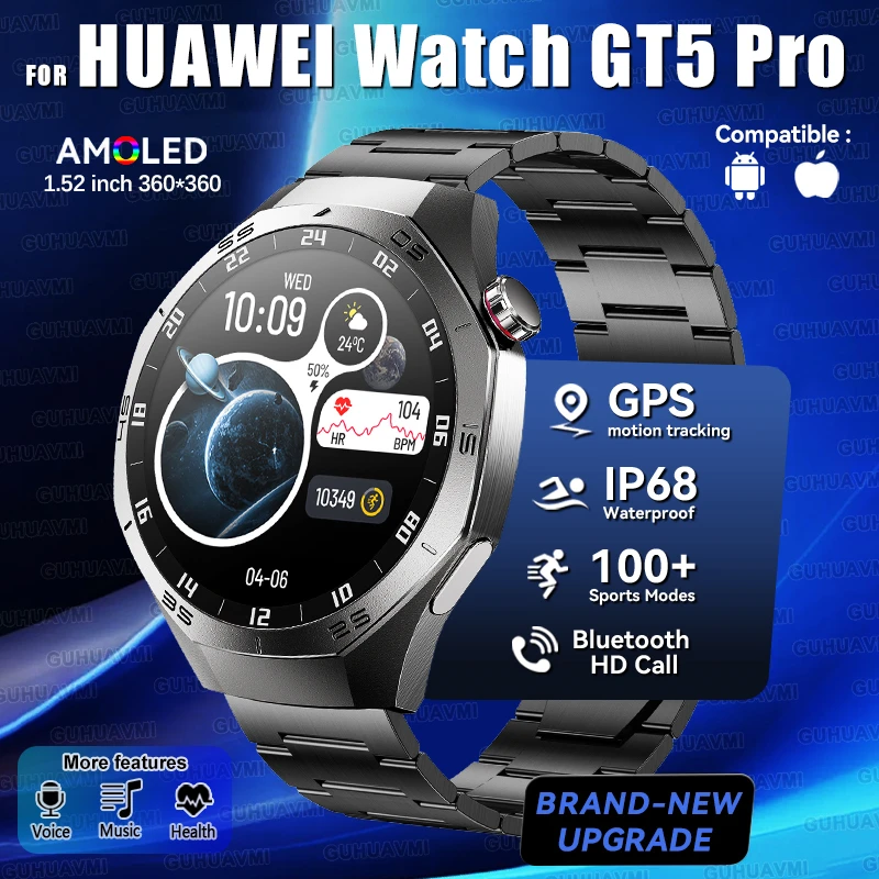 

2025 New For HUAWEI Watch GT5 Pro Men 1.52" AMOLED Screen GPS Trackr IP68 Waterproof Heart Rate Bluetooth Call Sports SmartWatch