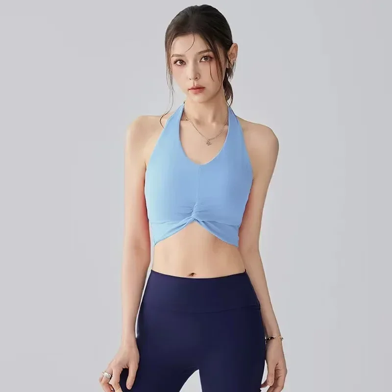 Neck Halter Integrated Sexy Shock-proof Gathering Yoga Lingerie Sports Running Gym Pilates Fitness Bra Women Wearing Outdoors