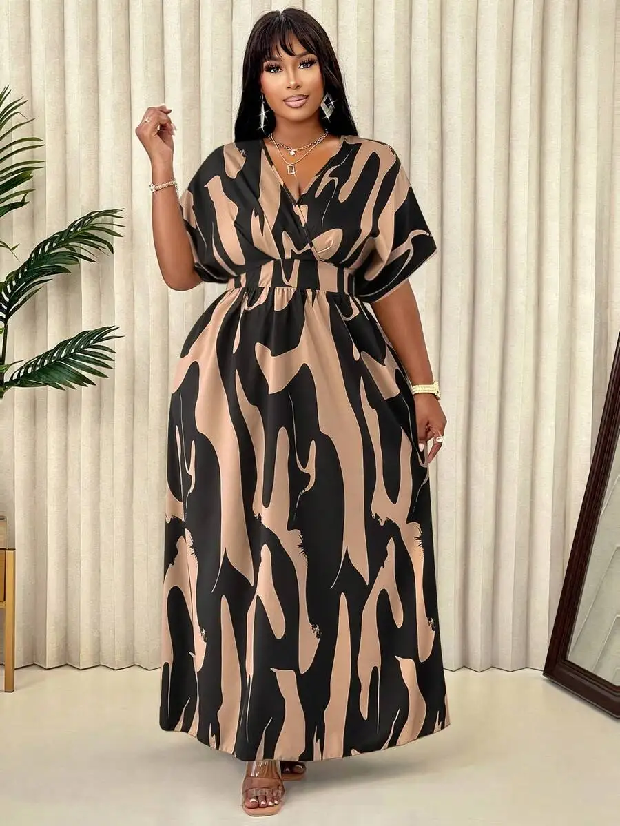 

Plus Size Women Abstract Print V-Neck Short Sleeve Maxi Dress Casual Summer Vacation