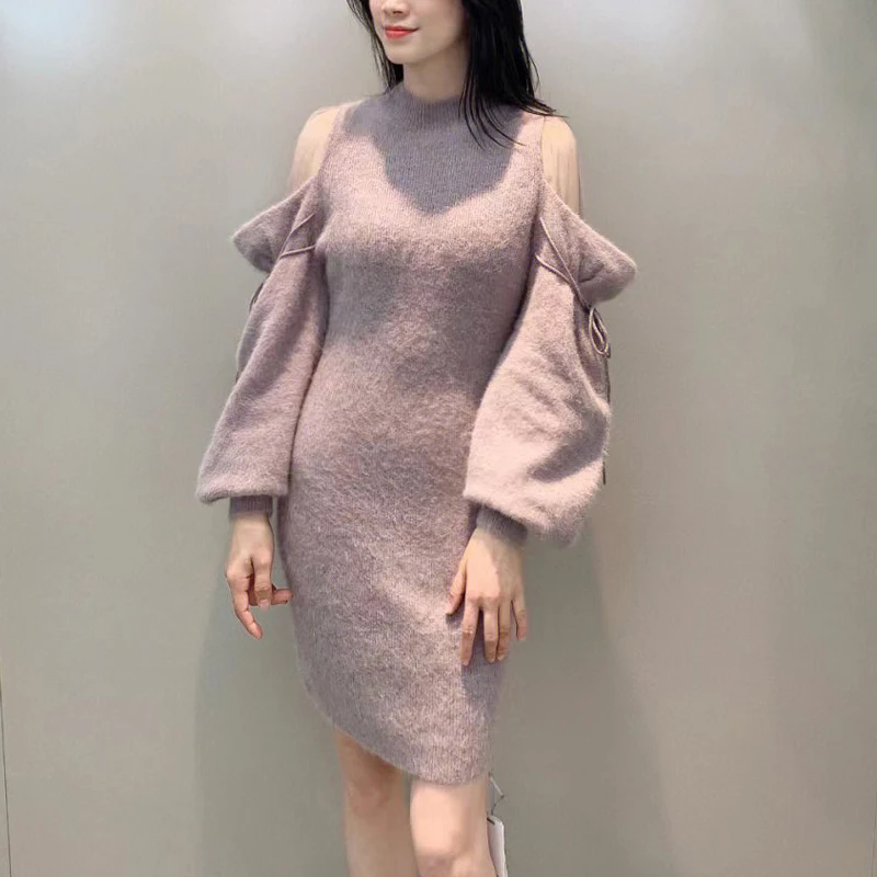 

WAKUTA Solid Color Knit Dresses JAPAN Vestidos De Mujer Elegant O Neck Long Sleeve Off-shoulder Voile Patchwork Robe Femme