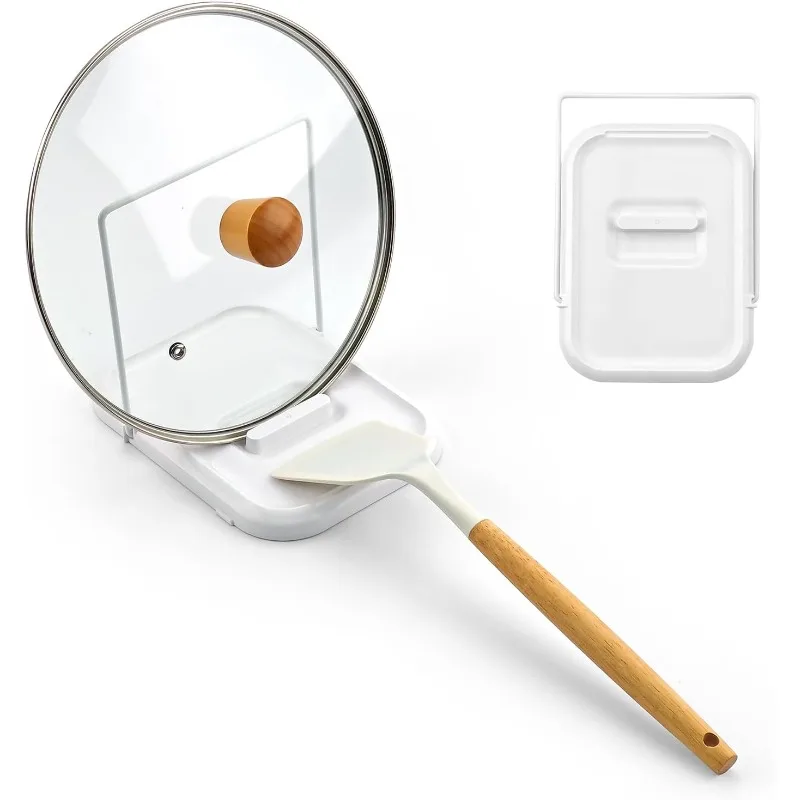 2-in-1 Foldable Pot Lid Holder with Spoon Rest for Countertop, White
