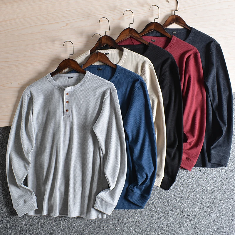 Trendiges Herren-Freizeithemd mit Henley-Ausschnitt und langen Ärmeln im japanischen Stil, Premium-Baumwolle, Waffelstrick, Herren-Freizeithemd, 2025 Herbst, Euro-Amerikanisch