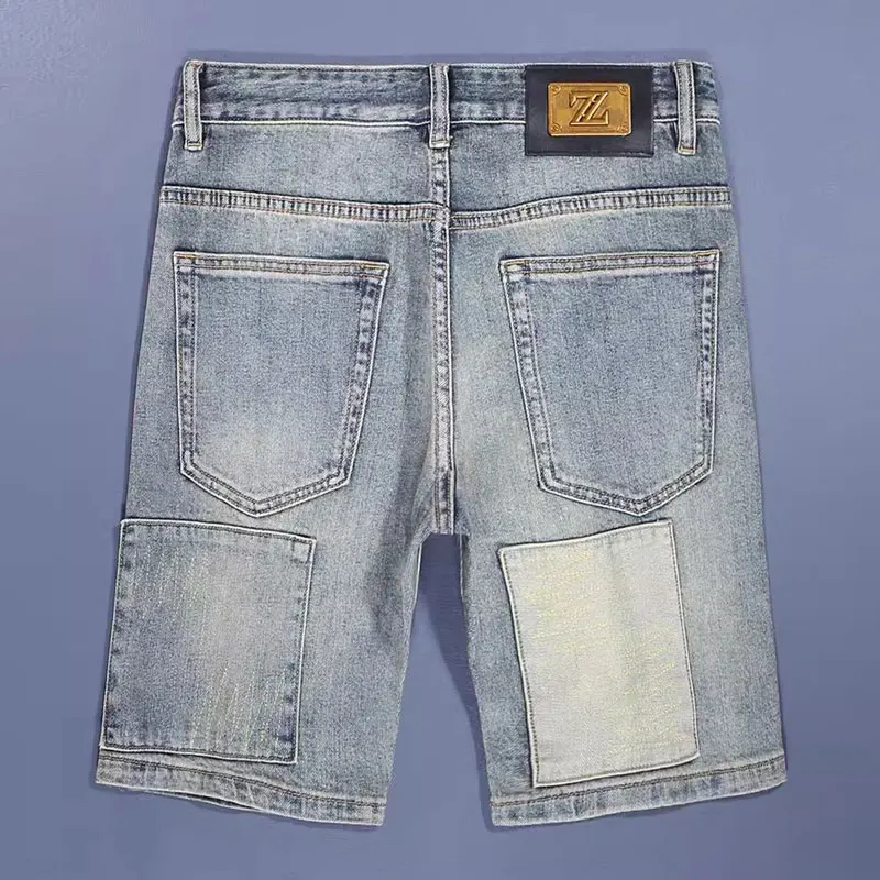 Summer Designer Fashion Men Jeans Retro Washed Blue Stretch Slim Fit Short Ripped Jeans Hombre Patched Hip Hop Denim Shorts Men