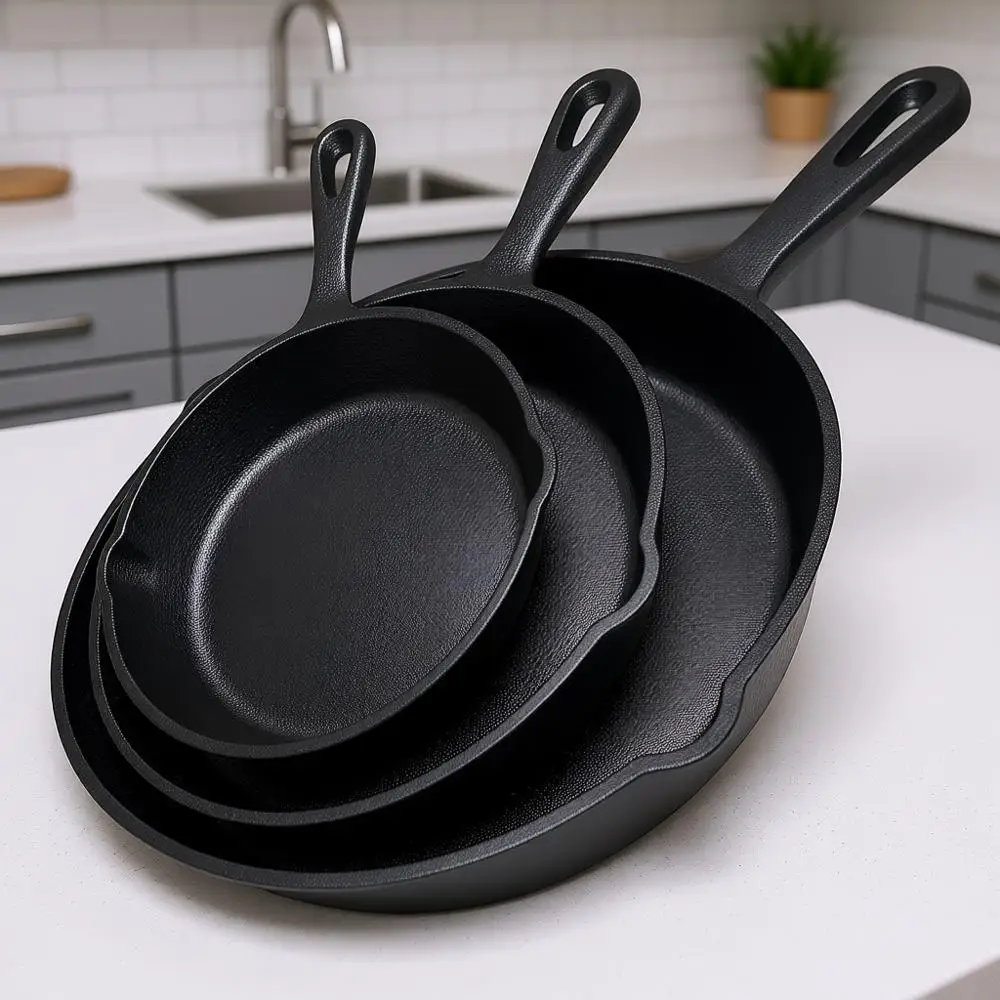 

3-Piece Cast Iron Skillet Set - Pre-Seasoned Pan Cookware - 10, 8, 6 Pans for Frying, Saute, Cooking, Pizza & More