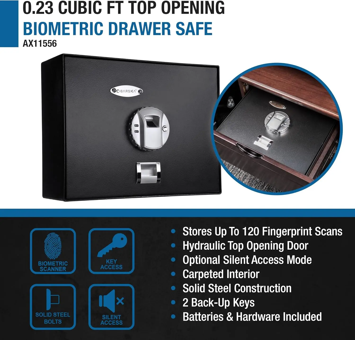 Biometric Fingerprint Top Opening Security Drawer Safe Box 0.23 Cubic Ft, Multi, One Size