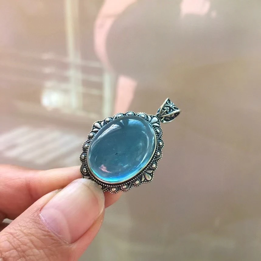 

Natural Blue Aquamarine Quartz Pendant Brazil 30*25*14mm Jewelry 925 Sterling Silver Blue Aquamarine Oval Necklace AAAAA