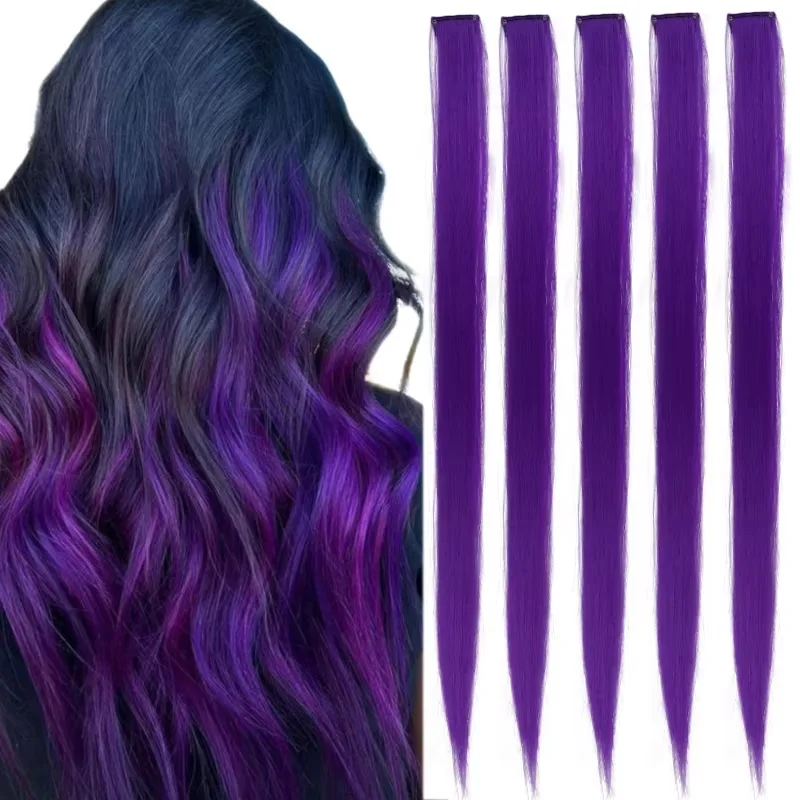 Purple Clip in Hair Extensions Colorful Highlights Straight Synthetic Hairpiece Single Clip Hair Strand For Women Party