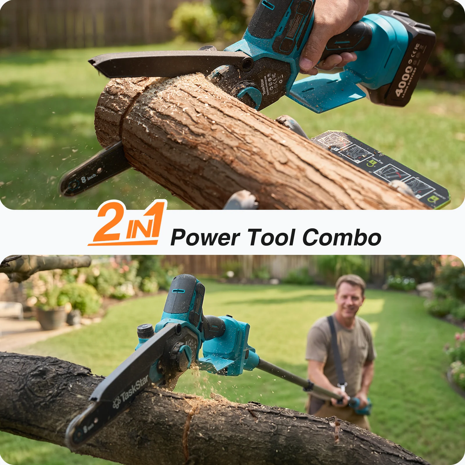 TaskStar 2-in-1 Telescopic High Branch Saw Brushless 8 Inch Mini Chainsaw 6.5Ft Max. Electric Pole Saw Garden Pruning Tools For Makita 18V Battery Pin