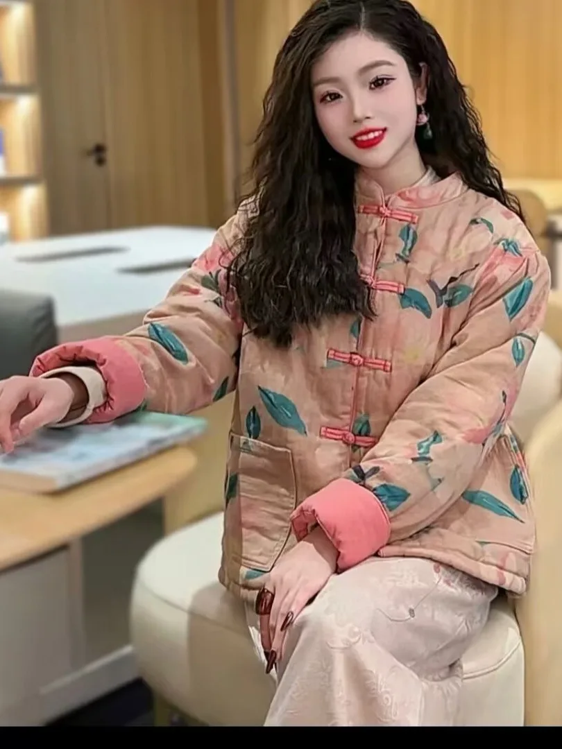 

Зимнее пальто из китайского хлопка и льна в стиле ретро, женское длинное пальто с воротником-стойкой на пуговицах, теплое хлопковое пальто