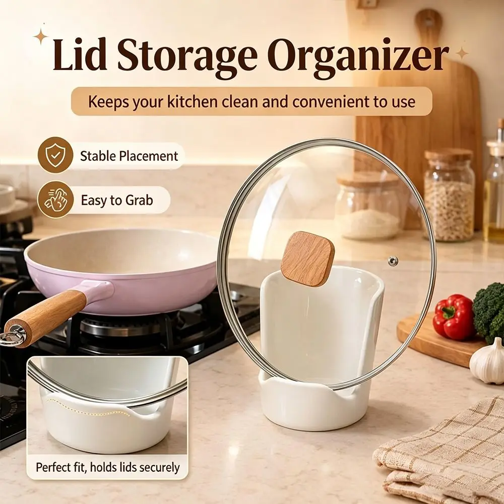 Non-Slip Pot Lid Holder Integrated Notches Stable Base Kitchen Utensil Holder Heat Resistant Countertop Organizer