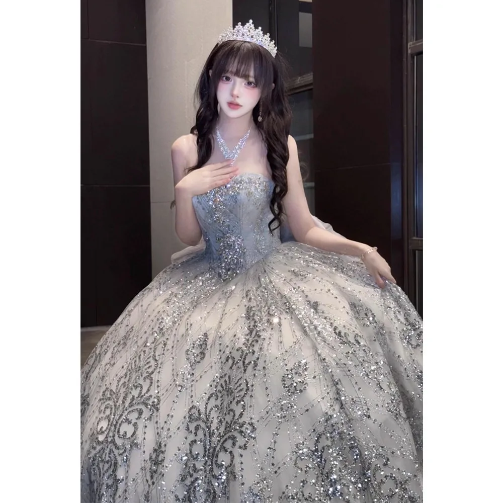 Lief meisje mouwloze lange balavondjurk met hoge taille High Sense verjaardag Bright Host Party Tube Top prinses maxi-jurken