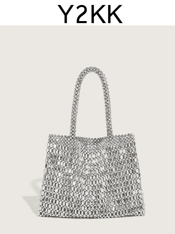 

Korean Faion Handmade Woven Handbag Summer Trendy iny Silver Beads INS oulder Bag Hollow out Sle Casual Leisure Handheld