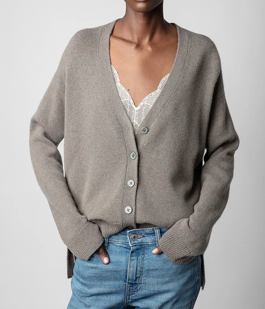 

V-Neck Cashmere Cardigan Sweater For Women Autumn Winter Long Sleeve Button Gradient Diamond Outerwear Tops