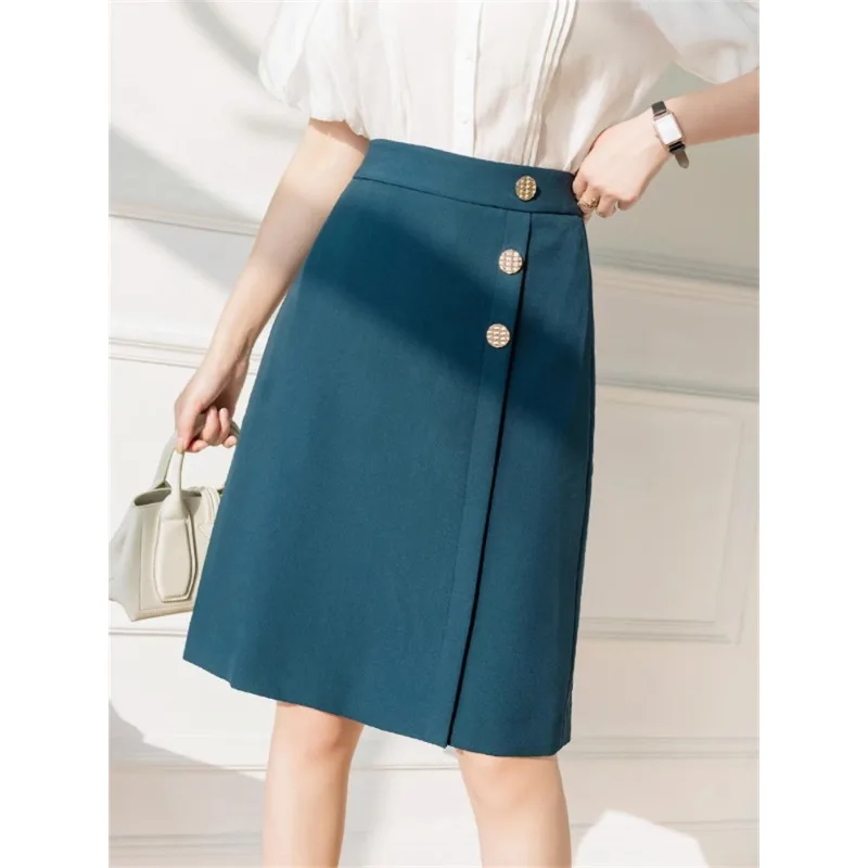 Festa casual da donna in tinta unita nera Una linea da donna a vita alta femminile elegante abiti chic Harajuku Nozioni di base gonna nera con bottoni