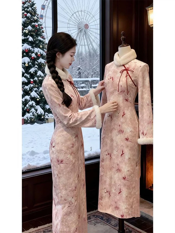 

Новое китайское обновленное ципао для молодых женщин, с подкладкой, приталенное, модное, с длинными рукавами, миди-юбка