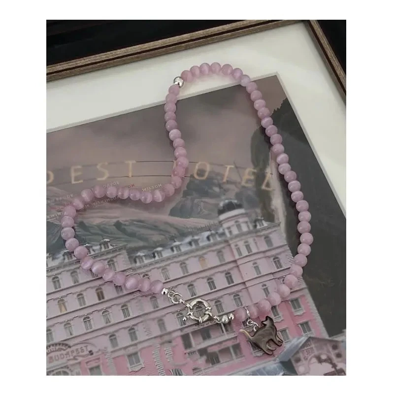 New Pink Crystal Opal Beaded Cat Pendant Necklace for Women Sweet Cool Cute Aesthetics Clavicle Chain 2023 Trendy Jewelry Gift