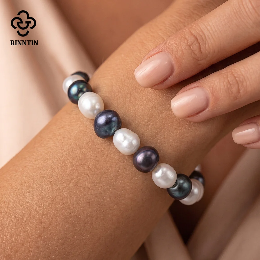 Rinntin 925 Sterling Silver Vintage Natural Pearls Bracelet for Women Simple Elastic Bangle Fine Jewelry Birthday Gift GPB63