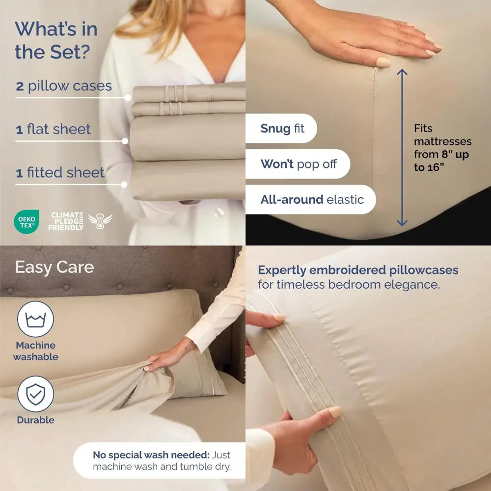 

Luxury 4-Piece Bed Sheet Set - Soft, Breathable Sheets with Deep Pockets for All Ages - Oeko-Tex Certified Cream