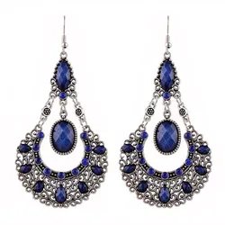 Vintage Palace Style Rhinestone Water Drop Earrings for Women Temperament Hollow Carved Silver Color Metal Earring Femme Jewelry