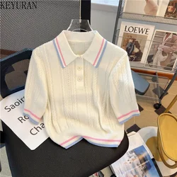 Polo Collar White Pullover Sweater Women Knitted T-Shirt Spring Summer 2023  Loose Casual Short Sleeve Knitwear Tops Woman Tees