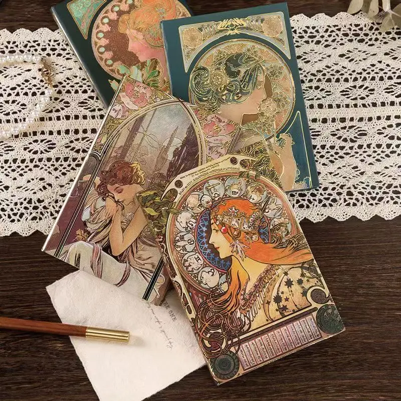 Retro A5 Notebooks,Mucha Girlish Oil Painting Hardcover Diary,Hand Ledger,Hot Stamping,Exquisite And High-Value Notepad