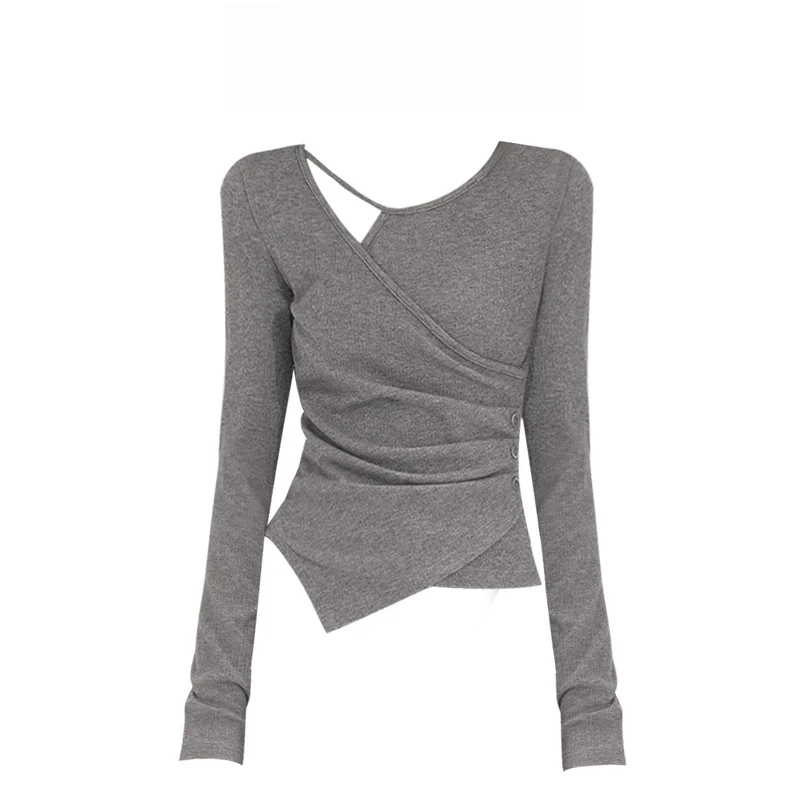 Chic Long Sleeve T-Shirt Women's Unique Waist-Cinching Slimming Pleated Bottom Layered Look Cleanfit Winter Fashion plus Size