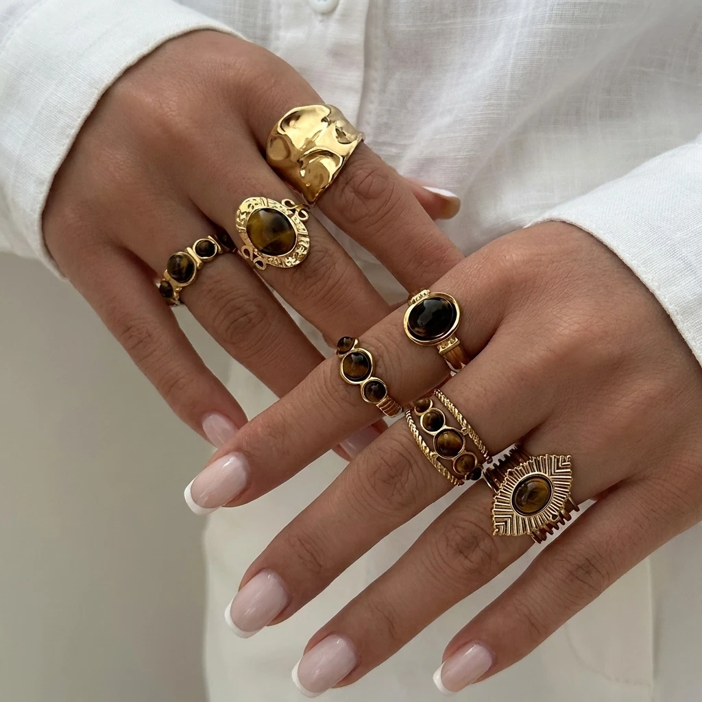 Geometrische Punk-Ringe aus breitem, vergoldetem Metall für Damen und Herren, Vintage-Tigerauge-Ringe aus Edelstahl, trendiger, wasserdichter Schmuck, Geschenk – Detail 3