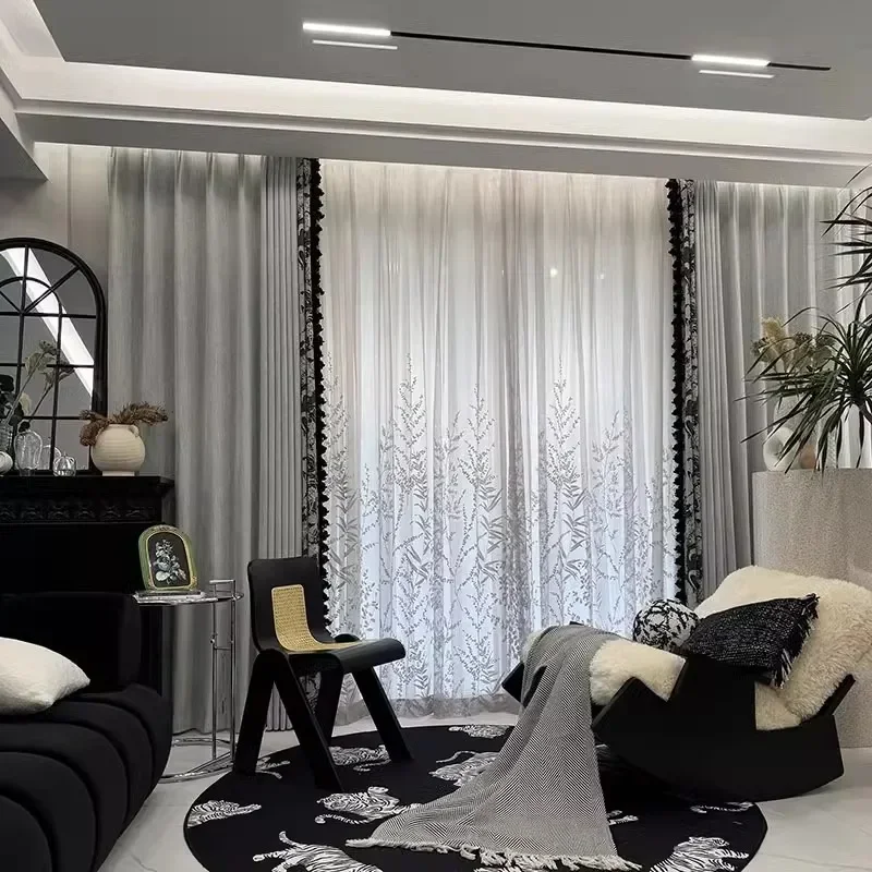 High-grade Black And White Grey Cashmere Nylon Jacquard Thickened Curtains For Living Room Bedroom Balcony Villa Customised