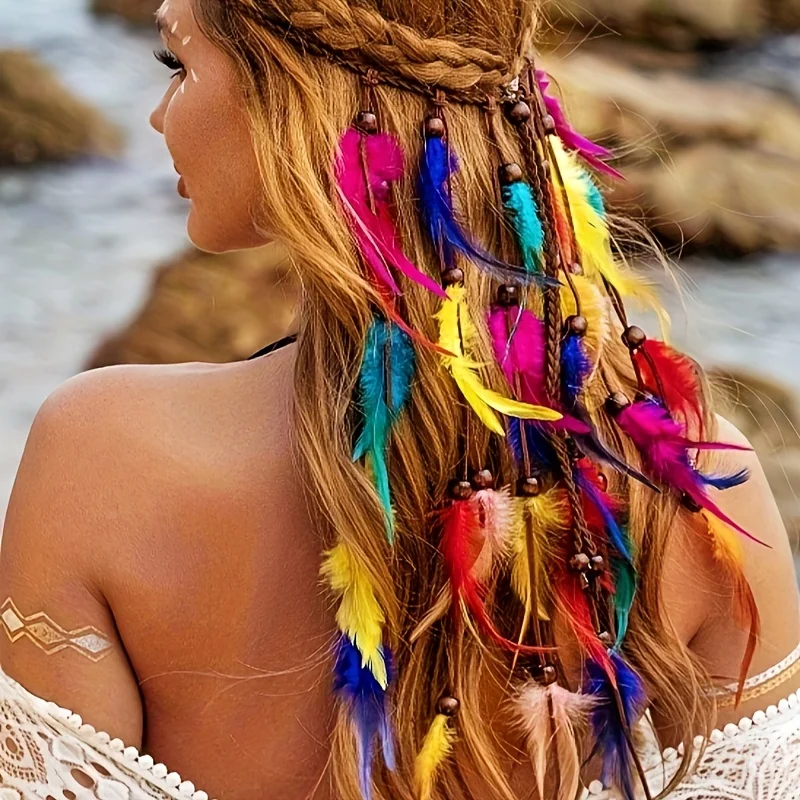 Boho Feather Headband Rainbow Indian Headbands Hippie Feather Headdress Adjustable Long Feather Hair Accessories for Women