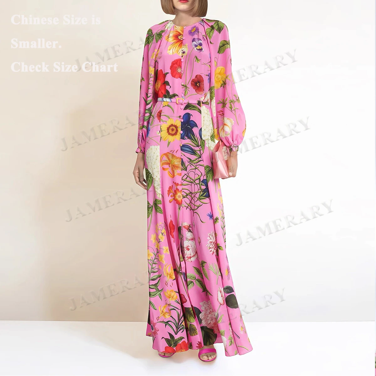 Elegant Autumn Long Sleeve Floral Maxi Dresses Women Single Breasted Belt Muslims Print Dress Female Prom Evening Vestidos