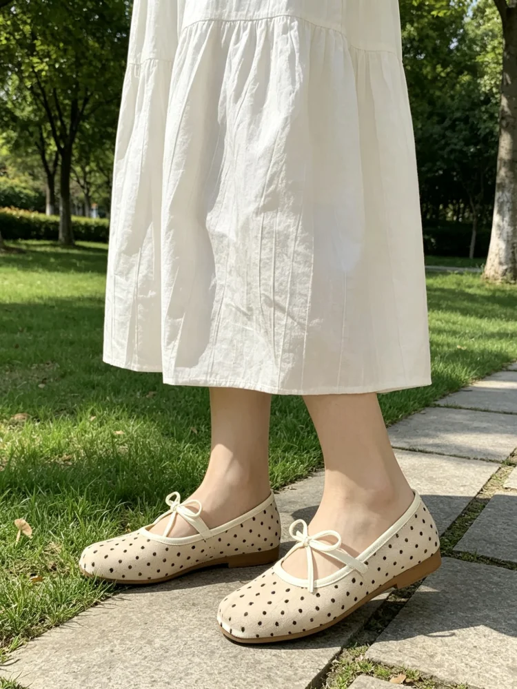 Women's Polka Dot Mesh Mary Jane Shoes, Summer Breathable Bow Flat Shoes, Non-slip Soft Sole Slip-Ons, Wide Feet Friendly