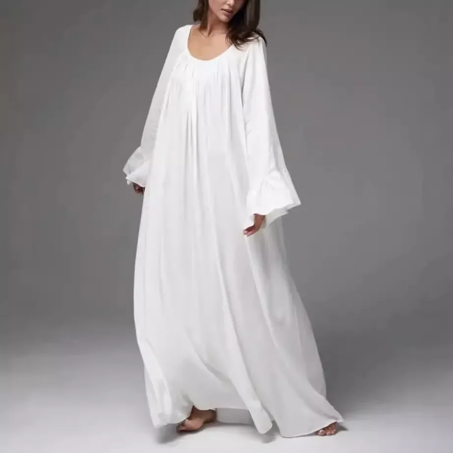 فستان طويل فضفاض بأكمام واسعة أنيق للنساء بسيط كبير الحجم بلون سادة ربيعي جديد برقبة مستديرة مكشكش فستان نسائي Vertidos #1