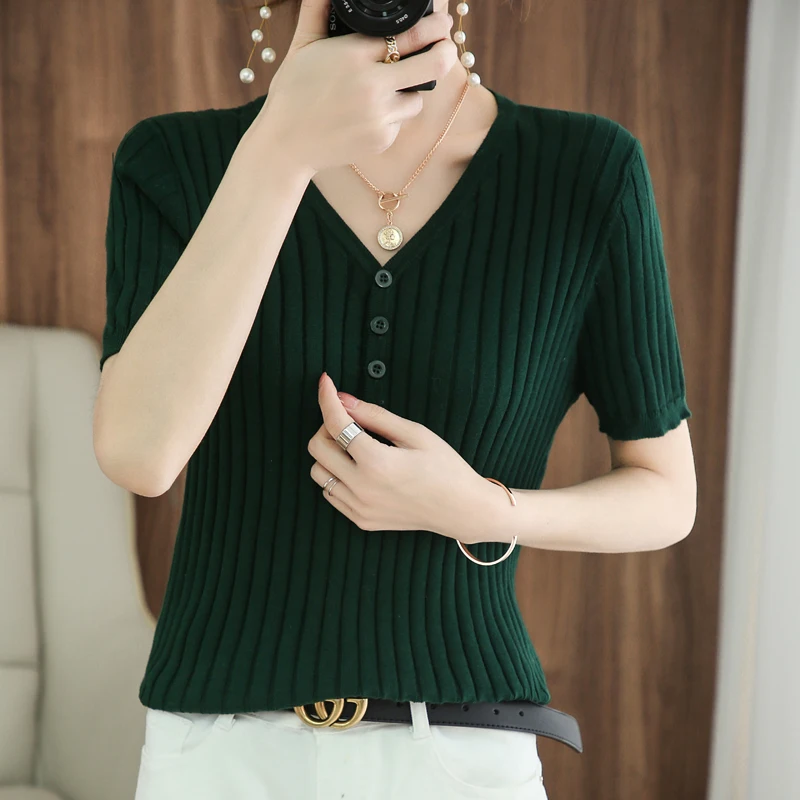 Ladies Cotton Linen T-Shirt Summer New V-neck Button Drawn Strip Solid Color Knitting Fashion Simple Trend Short Sleeve Hot Sale