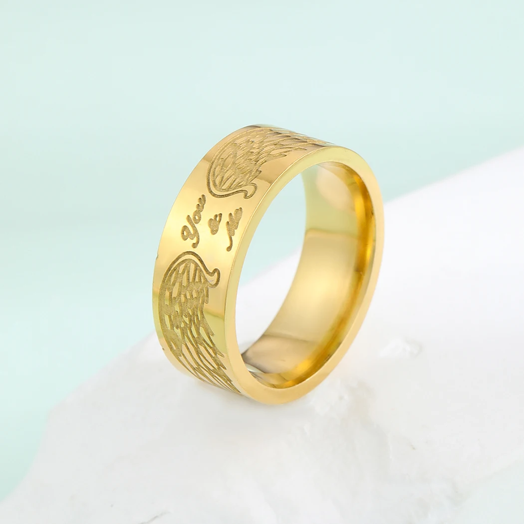 Kinitial Stainless Steel Engraved Angel Wings Women Ring You And Me Wedding Jewelry Dainty Rings Gift image 5