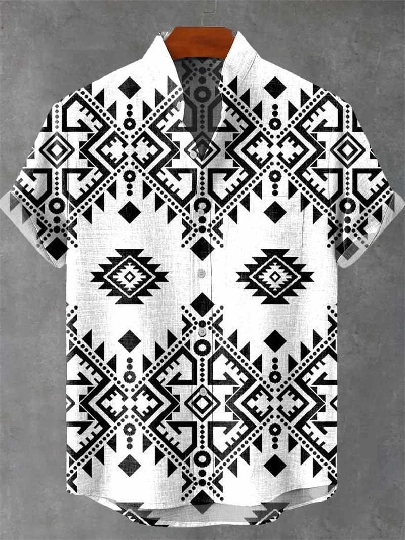 Men's Art Shirt Vintage Abstract Geometric Print Short Sleeve Linen Coconut Tree Casual Shirt Men's Beach Holiday