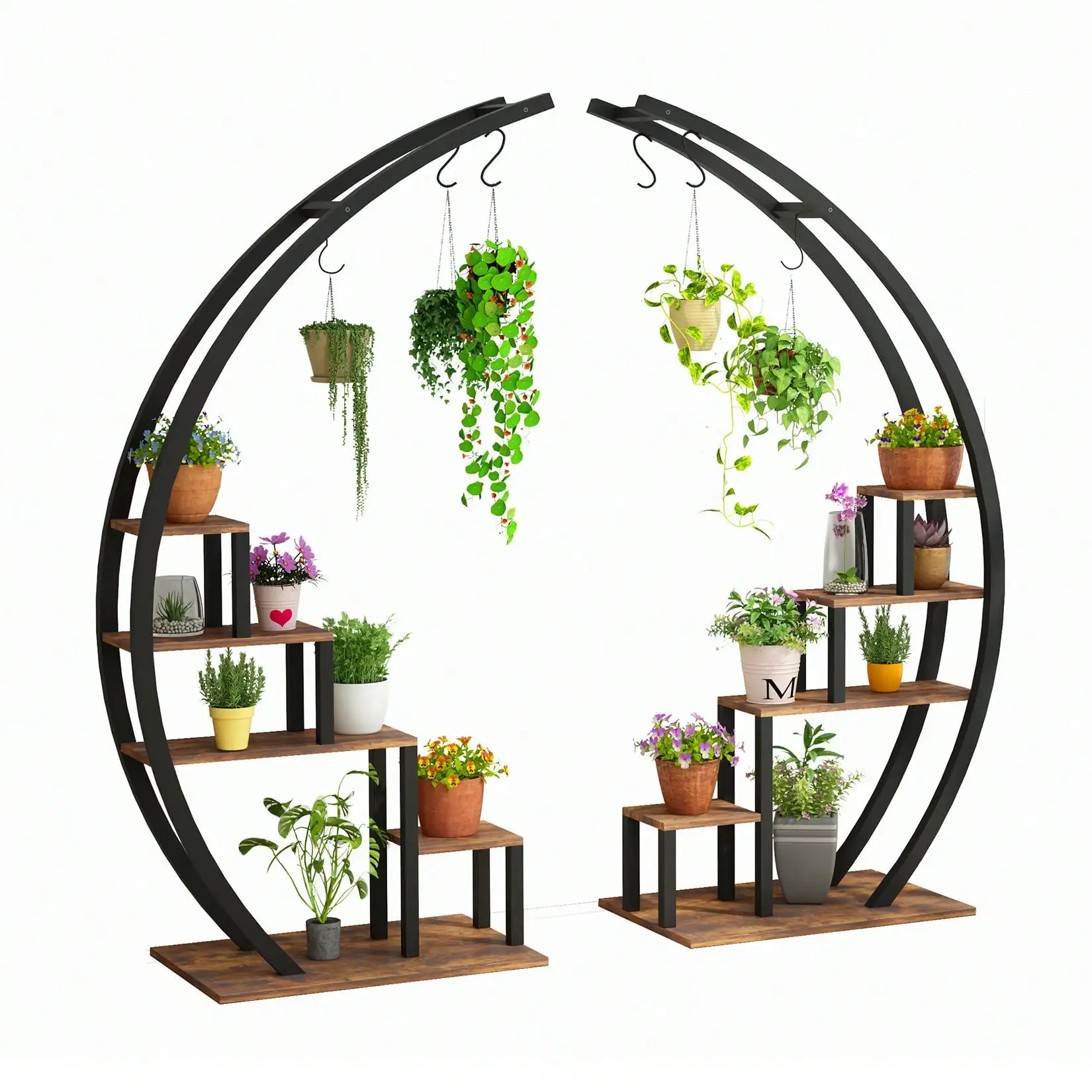 5 Tier Tall Metal Plant Stand Indoor, Half Moon Shape Garden Plant Holder, Round Flower Shelf Rack With 6 Hanging Hooks For Home Balcony Living Room Garden Decor, Black (2 Pack) Outdoor Decor