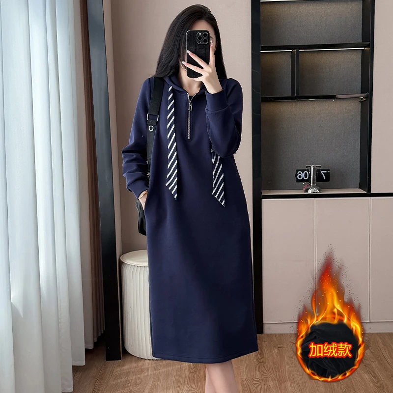 YZJNH 2026 autumn and winter new dress women's Korean version loose hooded long sleeved dress casual plus size dress women