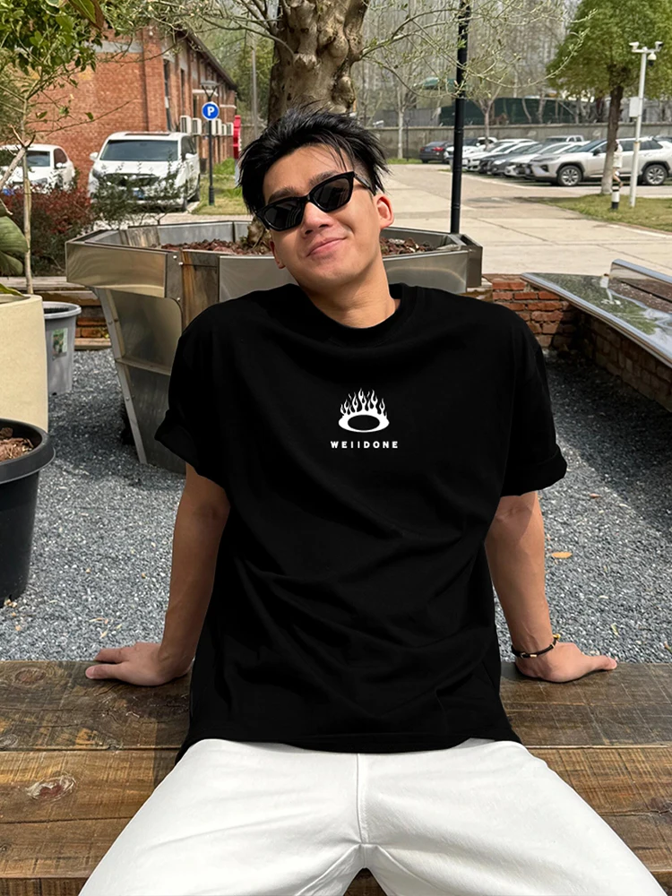 

Flame Bla American Heavyweight Loose Cotton ort Sve T-irt for Men Summer Casual Sle round Ne Regular Fit T-irt