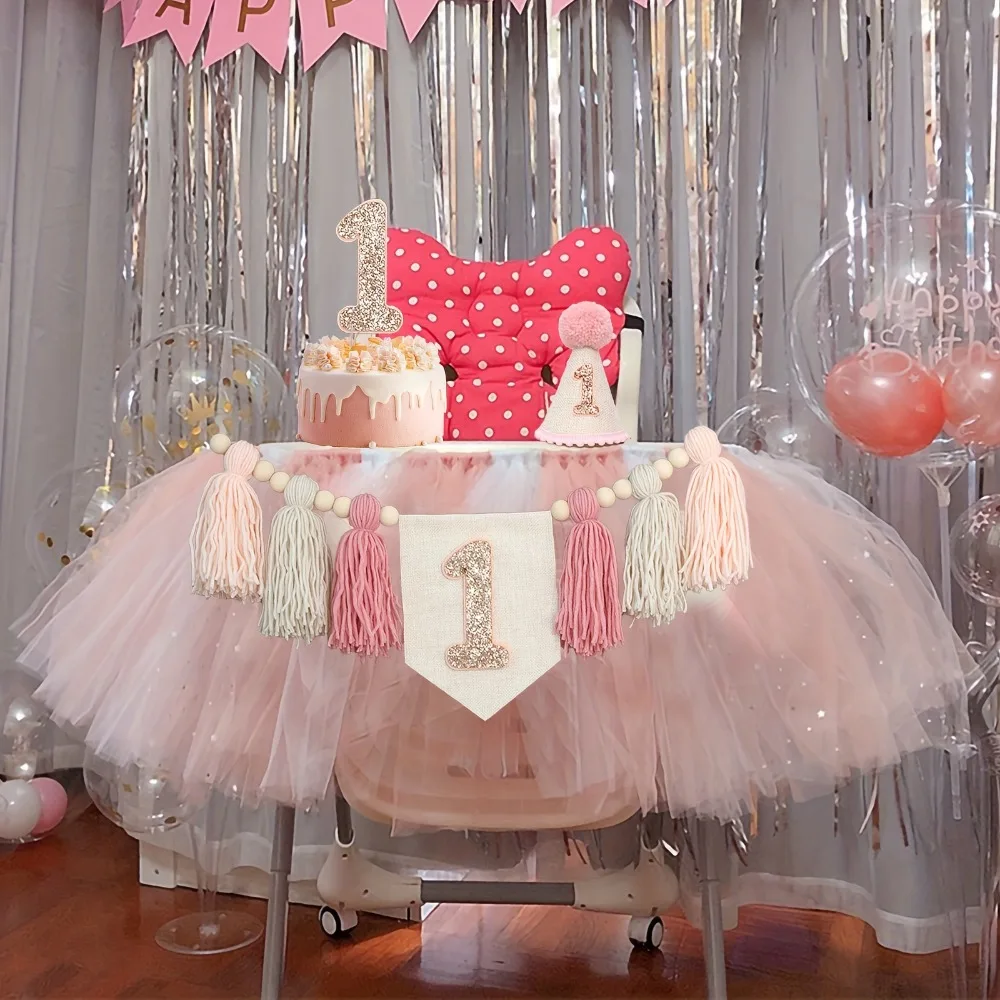 

Набор для декора дня рождения в стиле бохо: розово-белая гирлянда с кисточками для стульчика, топпер для торта, конические колпаки для фотосессий младенцев