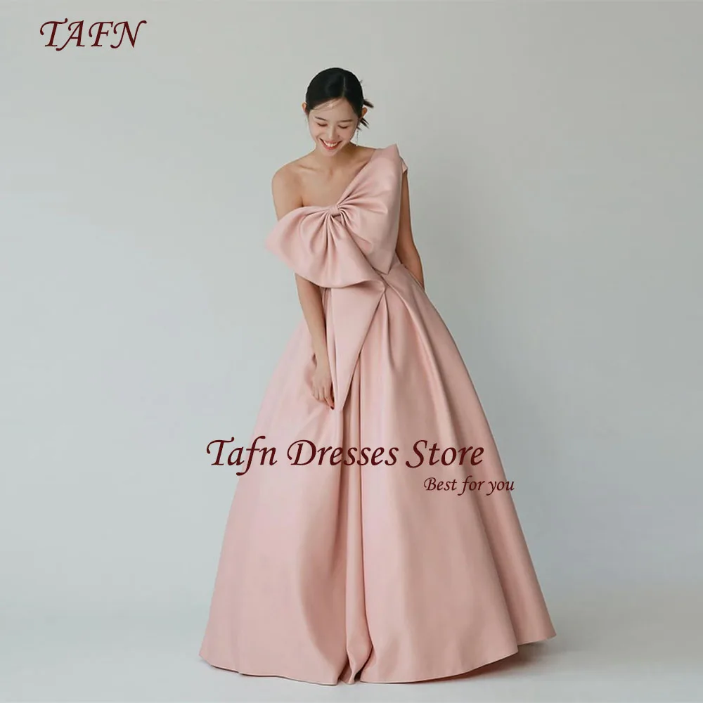 TAFN One-Shoulder Elegant Reception Dresses 피로연드레스 Big Bow A-line Draped Pink Wedding Shooting Dresses Simple Satin Party Gown