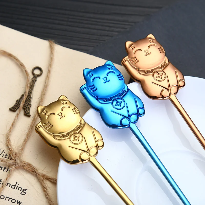 Coffee Spoon 304 Stainless Steel Cute Luck Cat Coffee Stirring Spoon Cartoon Dessert  for Tableware Kitchen Supplies Ice Cream