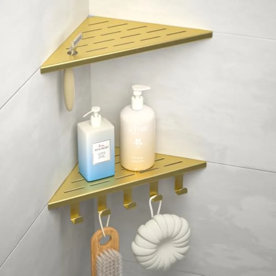 

10'' Corner Shower Shelf, 304 Stainless Steel Shelves for Bathroom, Grout in Shelf with Hooks for Tiled Wall