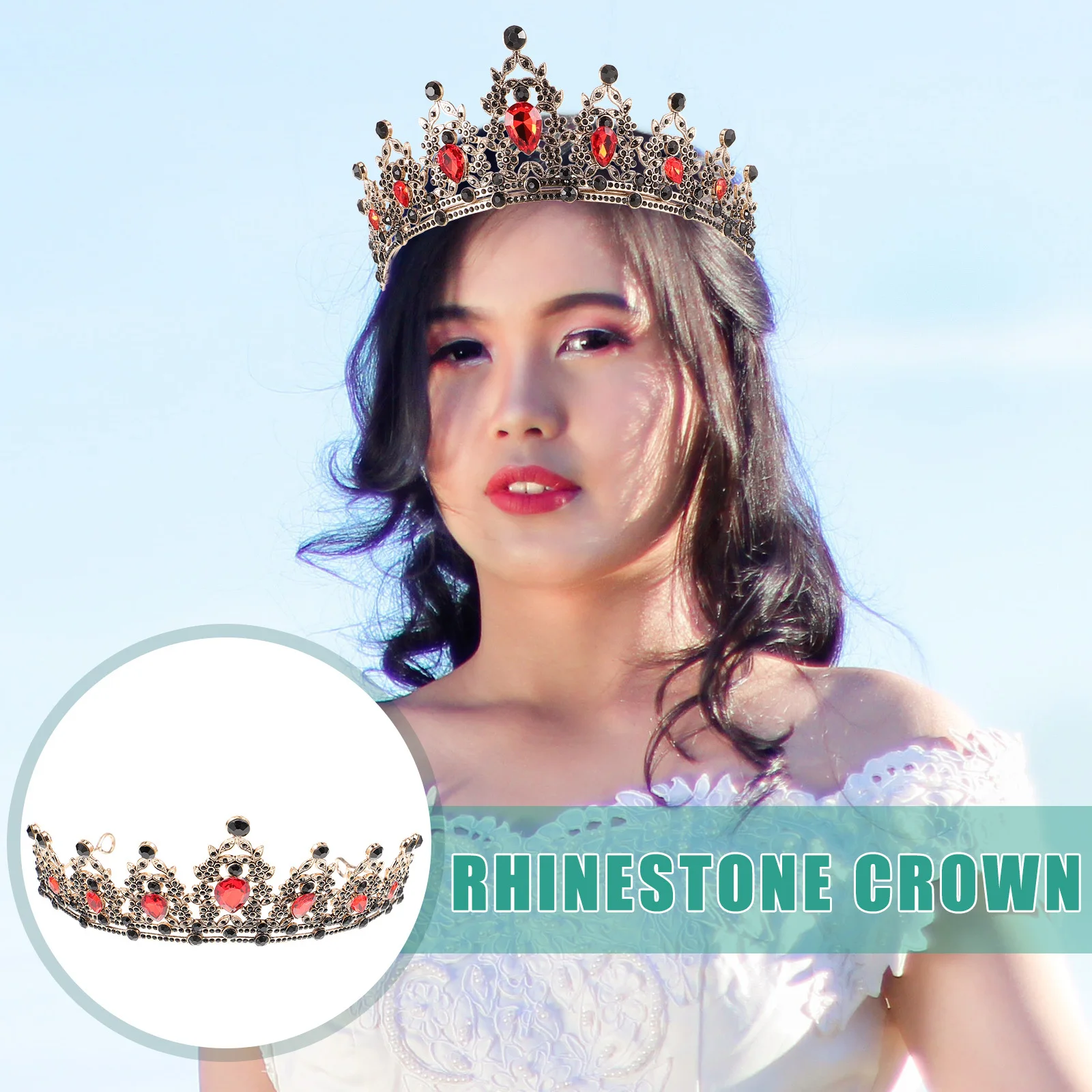 

1pc Vintage Large Red Crown Rhinestone Tiara For Women Wedding Party Prom Evening Hair Accessory Retro Headwear