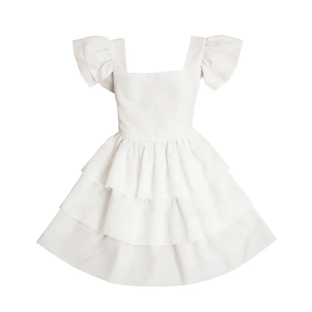 New Arrival Teen Girl Ruffle Sleeve Crimped Sundress, Elegant Layered Cake Dress, Junior Chic Princess Outfit for 120-155cm